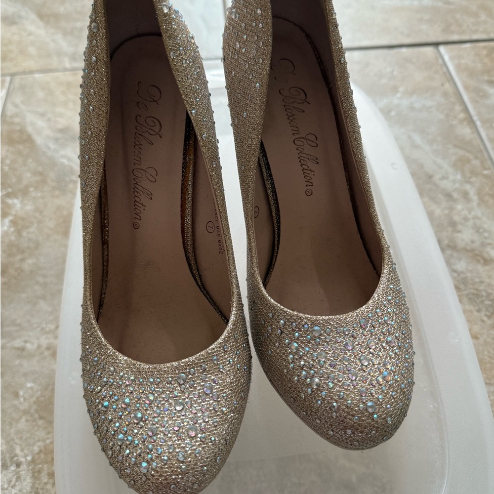 De Blossom Collection Gold Crystal Embellished Heels